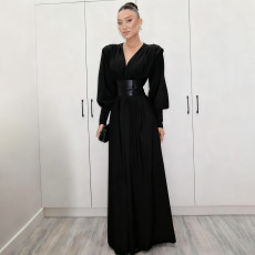 Retro Waist Cincher V-Neck Long-Sleeve Maxi Dress XEF-K25D83120