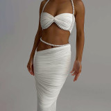 Pearl Halterneck Tops Long Skirt Mesh Set XEF-K25D81951