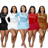 Long Sleeve Solid Bodysuit Fuzzy Skirt 2 Piece Set BMF-TW779