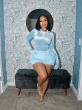 Long Sleeve Solid Bodysuit Fuzzy Skirt 2 Piece Set BMF-TW779