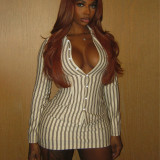 Stripe Long Sleeve Lapel Shirt Skirt Suit DLSF-K25S83017