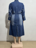 Plus Size Denim Cross Embroidered Long Trench Coat GAKF-A41016