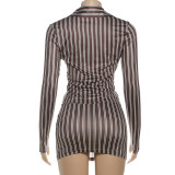 Stripe Long Sleeve Lapel Shirt Skirt Suit DLSF-K25S83017