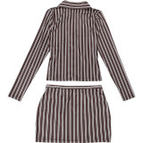 Stripe Long Sleeve Lapel Shirt Skirt Suit DLSF-K25S83017