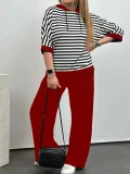 Plus Size Half Sleeve Stripe Sweatshirt Pants Suit GWSF-2872187310
