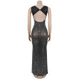 Mesh Hot Drill Backless Maxi Dress BY-7551