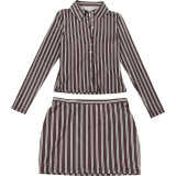 Stripe Long Sleeve Lapel Shirt Skirt Suit DLSF-K25S83017
