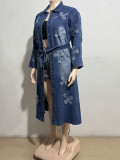 Plus Size Denim Cross Embroidered Long Trench Coat GAKF-A41016