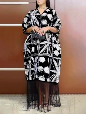 Plus Size V Neck Tassel Loose Print Maxi Dress GWSF-T502855095