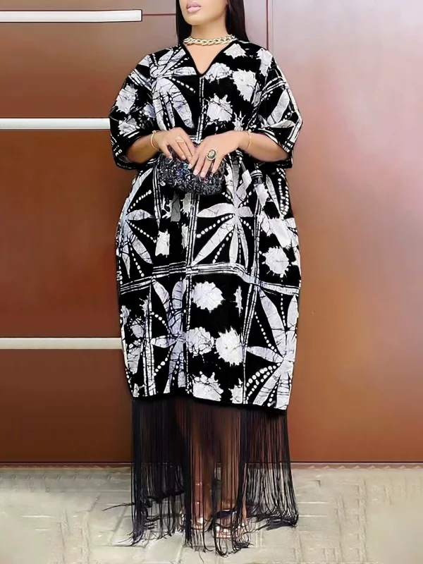 Plus Size V Neck Tassel Loose Print Maxi Dress GWSF-T502855095