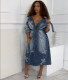 Plus Size Denim Cross Embroidered Long Trench Coat GAKF-A41016