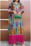 Plus Size V Neck Tassel Loose Print Maxi Dress GWSF-T502855095