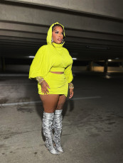 Hooded Puff-Sleeve Top and Pleated Skirt Two-Piece Set BMF-GL602