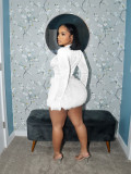 Long Sleeve Solid Bodysuit Fuzzy Skirt 2 Piece Set BMF-TW779