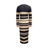 Stripe Print Long Sleeve Midi Dress GWSF-T239797084