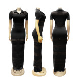 Mesh Patchwork Short Sleeve Maxi Dress BMF-TW760