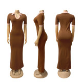 Short Sleeve Contrast Color Slim Long Dress BMF-TW628