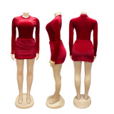 Long Sleeve Solid Bodysuit Fuzzy Skirt 2 Piece Set BMF-TW779