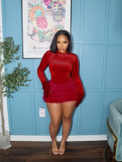 Long Sleeve Solid Bodysuit Fuzzy Skirt 2 Piece Set BMF-TW779