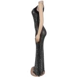 Mesh Hot Drill Backless Maxi Dress BY-7551