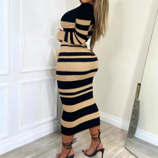 Stripe Print Long Sleeve Midi Dress GWSF-T239797084