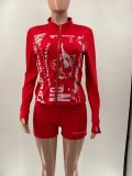 Zipper Long Sleeve Print Short Suit GMJL-XH2200