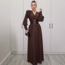 Retro Waist Cincher V-Neck Long-Sleeve Maxi Dress XEF-K25D83120