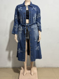 Plus Size Denim Cross Embroidered Long Trench Coat GAKF-A41016