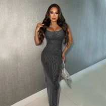 Mesh Hot Drill Backless Maxi Dress BY-7551