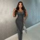 Mesh Hot Drill Backless Maxi Dress BY-7551
