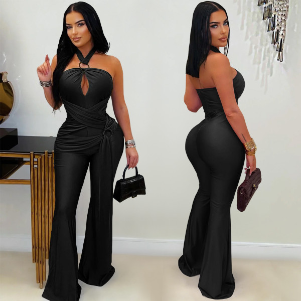 Solid Color Halterneck Tie Jumpsuit BY-7570