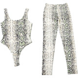 Snake Print Sleeveless Backless Bodysuit Pants Suit  XEF-K25S84267