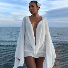 Flare Sleeve Solid Color Mini Dress XEF-K25D83058