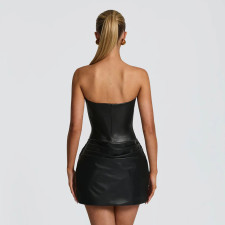 Wrap Chest PU Leather Pleated Mini Dress GSZM-D25DS451