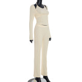 Solid Color U Neck Long Sleeve Pants 3 Piece Set MXBF-D25ST438