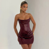 Wrap Chest PU Leather Pleated Mini Dress GSZM-D25DS451