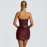 Wrap Chest PU Leather Pleated Mini Dress GSZM-D25DS451
