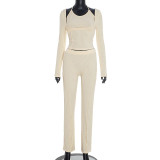 Solid Color U Neck Long Sleeve Pants 3 Piece Set MXBF-D25ST438