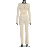 Solid Color U Neck Long Sleeve Pants 3 Piece Set MXBF-D25ST438