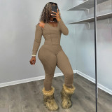 Solid Color U Neck Long Sleeve Pants 3 Piece Set MXBF-D25ST438