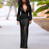 Long Sleeve V Neck Pleated Maxi Dress YF-20090