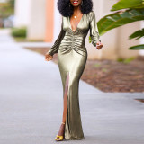 Long Sleeve V Neck Pleated Maxi Dress YF-20090