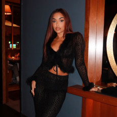 Tie Up Leopard Print Fuzzy Patchwork Two-Piece Skirt Set GPKJ-MR44062/44063