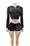 Letter Print Long Sleeve Hooded Shorts Suit GFCF-1416