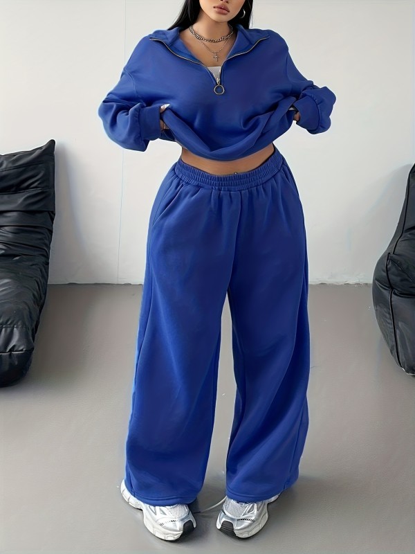 Plus Size Solid Color Zipper Loose Two Piece Pants Set GAWE-6722