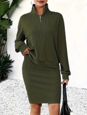 Plus Size Long Sleeve Knits Two Piece Skirt Set GAWE-6712