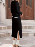 Plus Size O Neck Long Sleeve Tops Split Long Skirt Suit GAWE-6714