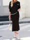Plus Size O Neck Long Sleeve Tops Split Long Skirt Suit GAWE-6714