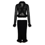 Tie Up Leopard Print Fuzzy Patchwork Two-Piece Skirt Set GPKJ-MR44062/44063