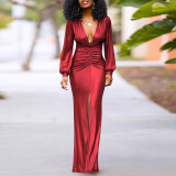 Long Sleeve V Neck Pleated Maxi Dress YF-20090